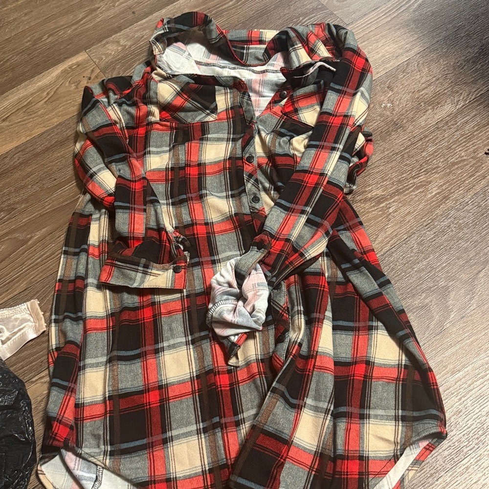 Plaid Women Shirt Dress - Red, Black, Cream